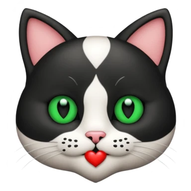 Emoji de un gato blanco y negro con ojos verdes, mandando un beso de corazón  sticker
