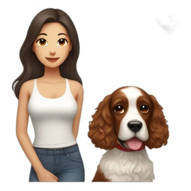 korean woman with long dark brown hair in a white singlet sits with red cocker spaniel sticker