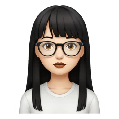 uma mulher snapchat icon, cor da pele normal, cabelo preto liso grande, solto grande com franja vegana, franja inteira curta, óculos pretos, com piercing na boca e nariz, olhos castanhos, camisa branca, a tela de fundo branca, coloque um brinco na boca e no nariz sticker