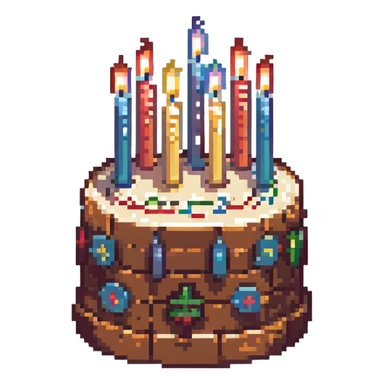 animated birthday cake, pixel art style, flickering candles, retro video game look sticker