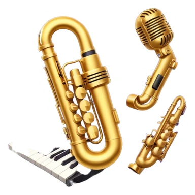 Create a vibrant and expressive emoji representing jazz vocal performance. The design should feature a vintage microphone at the center, surrounded by musical notes and soundwaves flowing outward, symbolizing the vocal improvisation and fluidity of jazz. Include key instruments often associated with jazz vocals, such as a jazz piano (stylized black keys) in the background and a saxophone or trumpet, giving it a true jazz vibe. Add soft lighting effects to evoke the intimate, atmospheric feel of a jazz club. Use rich colors like gold, black, deep purple, and red to reflect the soulful, smooth nature of jazz. The background should be transparent. sticker