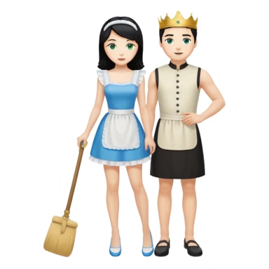 King, black hair, body, legst, blue eyes, shoes, maid blonde hair, green eyes, sexy short sleveless White dress, shoes sticker