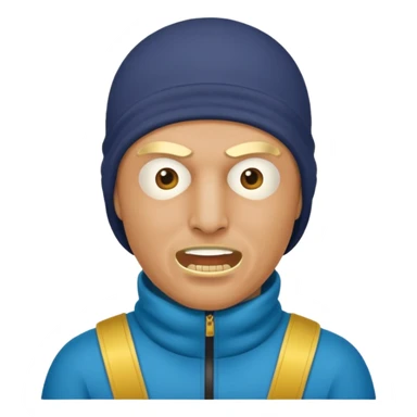 A bald guy wearing a ski mask with gold teeth sticker