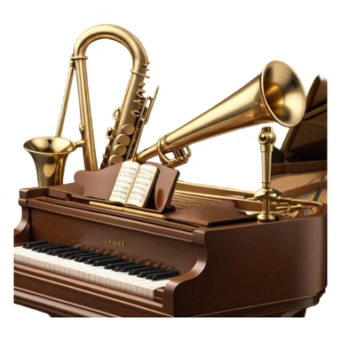 Create an elegant and vintage-inspired emoji representing jazz vocal performance. In the foreground, feature a classic, antique jazz microphone on a stand. Behind it, place a grand piano, with the lid slightly open, and have a Selmer Model 19 Balanced Action trumpet resting on top of the piano. The trumpet should have visible details like its shiny brass finish and the unique design of the valves. Add musical notes flowing around the scene to capture the improvisational essence of jazz. Use rich, deep colors like black, gold, and dark wood tones to evoke the timeless, sophisticated atmosphere of jazz. The background should be transparent. sticker