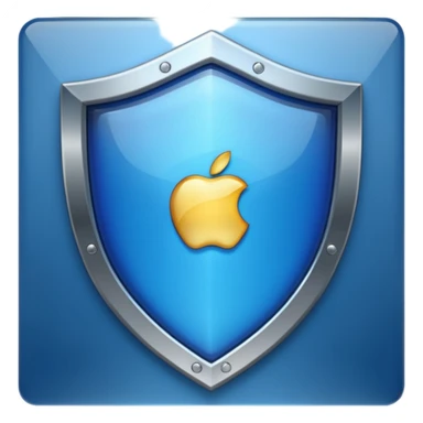 Remove the point at the top middle of the shield. Keep only a deep blue, shiny, glass-like center with a metallic border. No symbols or sword. Apple emoji style. sticker