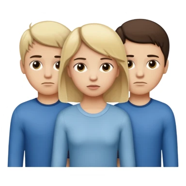  iOS emoji style.
A girl holding hands with two boys at the same time,one boy si brunette the other blonde, one on each side.
The girl has a suspicious, guilty expression, slightly turned eyes.
The boys look neutral and unaware.
 smooth gradients, rounded shape sticker