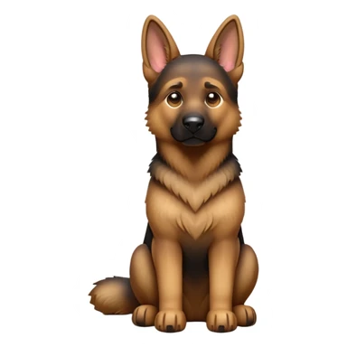 cinematic-[german shepherd]-realistic-full-body-sitting-emoji,-tail-resting-loosely-beside-its-paws,-head-tilted-dramatically,-sleek-[brown and black]-fur,-simplified-yet-realistic-focused-features,-highly-detailed,-glowing-with-an-almost-sarcastic-glow sticker