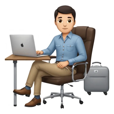 Rich man working on a chair at office in shirt, dark hair, and near the desk with laptop he is german very beautiful looks like, full body view sticker