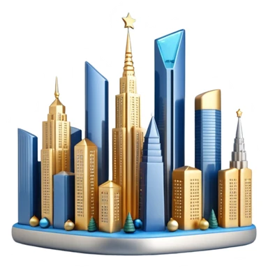 3D emoji of Moscow City business district skyline. A cluster of stylized skyscrapers with different shapes (gold, blue, silver). Decorated with tiny glowing Christmas lights. Soft 3D render, clay and glass textures, Apple aesthetic, isolated on a white background. sticker