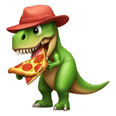 Dinosaur eating pizza while wearing a hat sticker