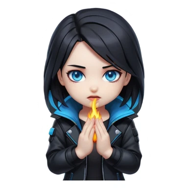 Black hair cyberpunk 2077 chibi girl with blazing blue eyes and black jacket. Hide face in hands sticker