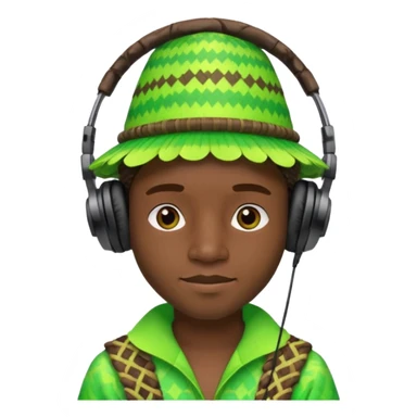 Create me an emoji of a cool Young Nigerian prince wearing a neon green gradient African patterns with  a hula hat (a Nigerian-inspired hat) and wearing cool headphones. sticker