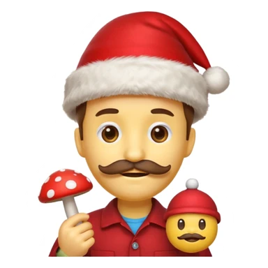 yellow emoji face with brown mustache and red Christmas hat, holding tiny red mushroom, 3D emoji style, 1:1
 sticker