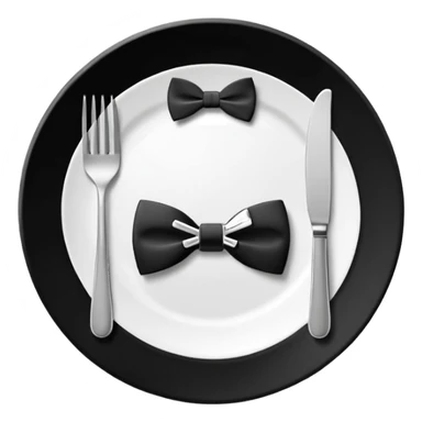 Minimalistic flat vector icon, iOS style, thin black contour on white background. Fork and knife crossed on a plate with a small bow tie above. Clean, no text, no shadows sticker