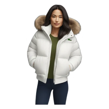 brunette latina woman using Lacoste puffer jacket sticker