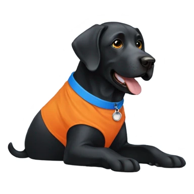 Black Labrador wearing orange and blue sticker
