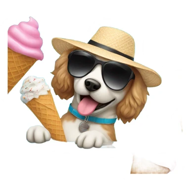 Fluffy dog in pool with sunglasses hat and eating ice cream sticker