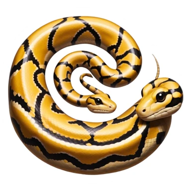 A photo-realistic top-down view of a Ball Python gently coiled into a tight spiral, with its head resting peacefully at the center. Its scales are warm brown with bold, irregular black markings, including the distinctive “alien-head” pattern, flowing smoothly along its body.  sticker