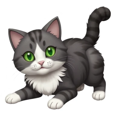 dark grey cat with green eyes, white toes/paws and white patch on her chest playfully rolling upside down sticker