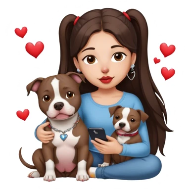 Young girl was long, dark brown hair sits with her dog who is a pretty girl pitbull with her cell phone in her hand in a small septum ring in her nose was hearts flying all around her sticker