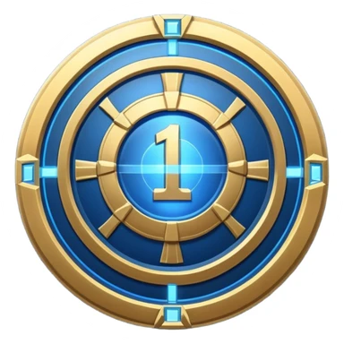 Futuristic achievement medal badge, circular shield emblem with engraved Roman numeral I and subtle “12M” detail, metallic gold and deep blue glow, sci-fi web3 game UI style, polished 3D game asset, soft energy aura, dark background, centered composition, high detail sticker