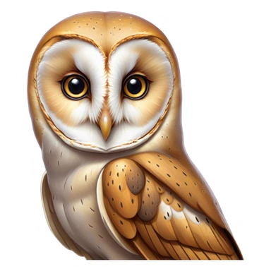 Cinematic Noble Barn Owl Portrait Emoji, Poised and regal, with a slender, graceful build and a striking mottled plumage of whites and browns, deep-set soulful amber eyes, Simplified yet sharp and sophisticated features, highly detailed, glowing with a soft, dignified glow, high shine, intelligent and mysterious, stylized with an air of nocturnal wisdom, focused and attentive, soft glowing outline, capturing the essence of a watchful and confident fowl, so majestic it feels as though it could silently glide out of the screen with effortless authority! sticker
