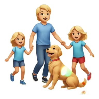 A Golden Retriever playing with children in a park, joyful interaction, warm sunlight, natural smiles, photorealistic family scene. sticker