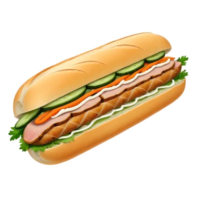 traditional banh mi with char grilled pork emoji 


    Very crusty baguette

    Mayo 

    Pickled carrot 

    Cucumber, coriander/cilantro, green onion, chilli 
 sticker