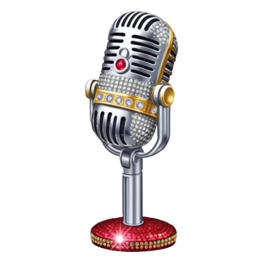 Create a glamorous and vibrant emoji representing stage vocal performance. The design should feature a humanless collage of classic vintage microphone, stage costume covered in rhinestones, sparkling brightly. The costume should be stylized, with glittering elements like sequins and sparkles, and reflect the glitzy, extravagant nature of show business. The microphone should have a sleek, retro look with chrome or metallic accents. Use rich, dazzling colors like gold, silver, deep purple, and bright red to evoke the glamorous, larger-than-life feel of a stage performance. The background should be transparent. sticker