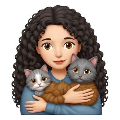 Mature Spanish girl with long dark curly hair and hugging a grey fluffy cat sticker