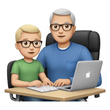 Middle aged man with glasses working at his desk, with his child sitting behind him on the headrest of his chair looking at his computer sticker