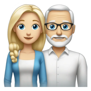 Blonde woman with blue eyes marries an older man with blue eyes, glasses without hair and a gray beard sticker