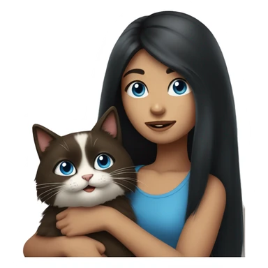 girl with long black hair holding a furry and cute blue eyed brown cat sticker