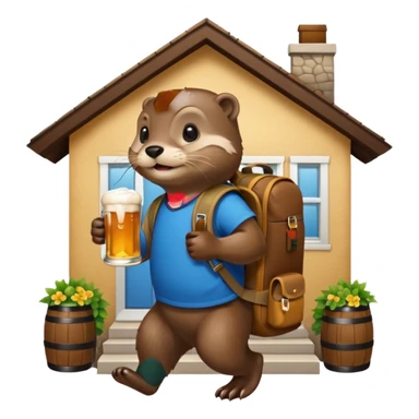 otter with a backpack holding a beer entering a house sticker