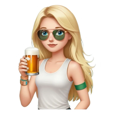girl with long blond hair
with blue eyes
and aviator sunglasses
wearing white tank top 
holding a can of beer
wearing (rose gold apple watch with forest green band) sticker