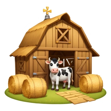 cow barn object icon, wooden stable building, hay bales near entrance, warm light, farm style, 3D cartoon, mobile game icon style, centered, clean background, no text, no watermark
 sticker