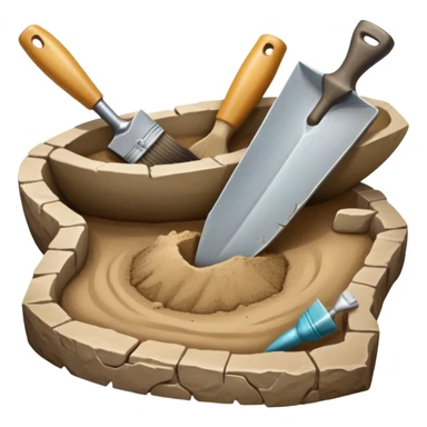 An icon showing an archaeologist’s tools: a trowel, brush, and a partially uncovered ancient artifact like a vase or tablet. The design includes a sandy excavation site with ruins in the background, symbolizing the discovery of past civilizations. Transparent background  sticker