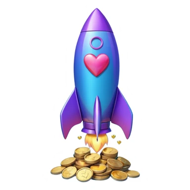 3D rocket with coins and hearts, purple blue gradient, glossy, transparent background sticker