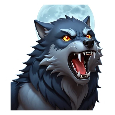 cinematic-noble-fierce-werewolf-howling-portrait-emoji, poised-and-imposing, with a fierce wolfish face tilted upwards in a haunting howl, glowing eyes full of primal ferocity, sharp, and a rugged snout, fur rippling in shades of midnight black and silver, muscles tensed as the powerful howl echoes beneath the moonlit sky; rendered with realism, capturing the raw, untamed power of the beast in its wild, primal state sticker