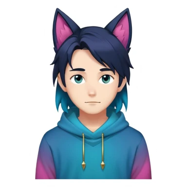 anime man with straight long dark-blueish-black-gradient hair, long black fox ears with pink Scapha, hazel-gradient-brown-turquoise eyes, gold earring hanging from fox ear, dark-blue-sweater sticker