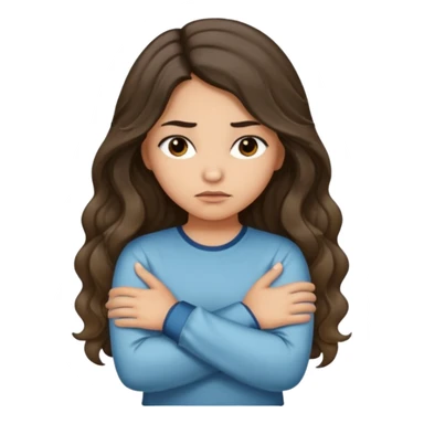Hispanic light tan girl with long dark wavy hair with arms folded while pouting. Wearing a long sleeve. Hair with middle part. sticker