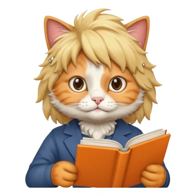 A male cat wearing a wig, holding a textbook sticker