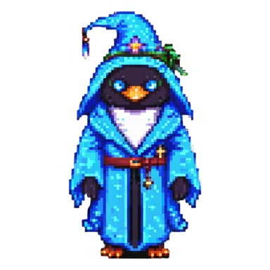 pixel art penguin wizard with a starry robe and glowing eyes sticker