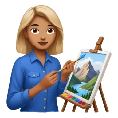 Female artist painting a beautiful mountain peak destination on canvas sticker