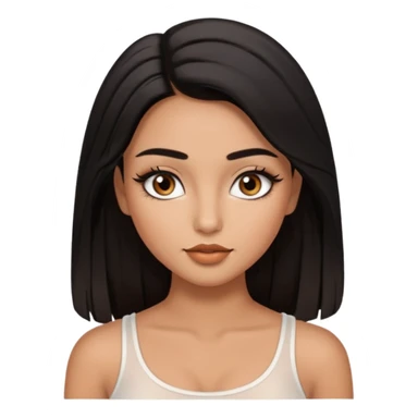 A girl, who has long black styled silk hair, tan skin. almond brown eyes that has black long lashes, small nose and full lips. and a bit of makeup like bronzer. and wearing a white tight top. long black lashes and medium arched brows. looks like a baddie. sticker