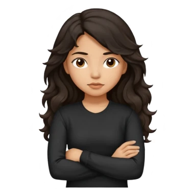 Hispanic girl with dark long wavy hair crossing her arms with slight pout wearing a black long sleeve shirt sticker
