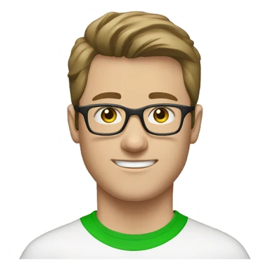 white young man with blue eyes and brown hair and square glasses wearing green t-shirt with headset sticker