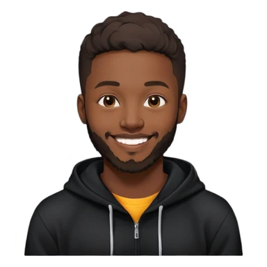 African yound man in his late 20s with a  bright smile with a short boxed beard, black hoody, and a low cut hair, looking like dvido sticker