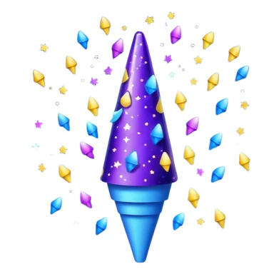 Emoji with glowing cone-shaped confetti popper, purple and blue colors emitting confetti and glitter, creating a bright festive atmosphere sticker