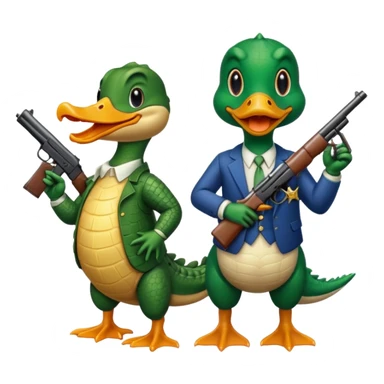 Alligator and a duck holding a gun sticker